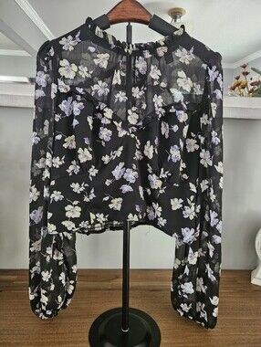 Black Floral Sheer Sleeve Blouse Medium